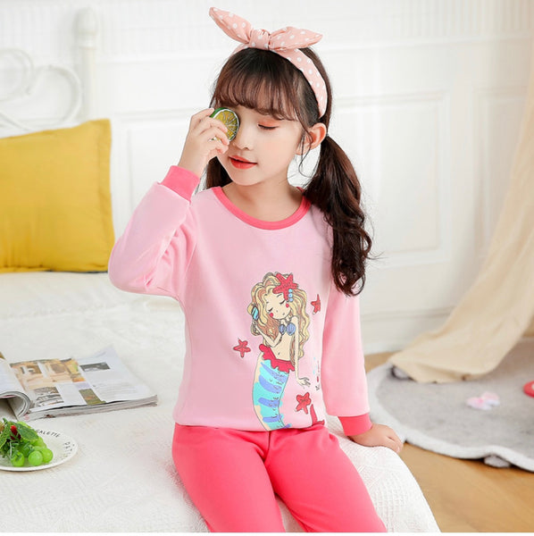 Kids and Teens Cotton Pajama Long Sleeve Sets for Girls Mermaid Strawberry Unicorn